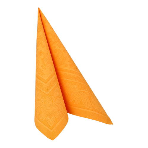 En enkelt PAPSTAR 20 servietter "ROYAL Collection" 1/4-fals (40x40 cm) fra PAPSTAR GmbH står oppreist i en trekantbrett og er dekorert med subtile dekorasjoner - ideell for enhver borddekking. Bakgrunnen er ensfarget hvit.