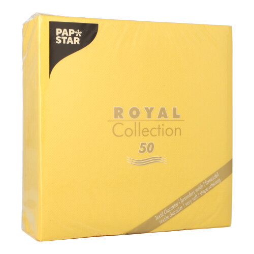 En gul emballasje fra PAPSTAR GmbH med påskriften "50 servietter ROYAL Collection 1/4-fold 40 x 40 cm gul" inneholder 50 servietter med gyldne og svarte aksenter og tekst i det nederste hjørnet.