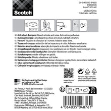 Rückseite eines Scotch® Stoßabsorbierenden Elastikpuffers für Wände SP91A62, selbsthaftend, transparent, 21 × 21 mm, 6/Packung von 3M Deutschland GmbH-einschließlich mehrsprachiger Anleitung, Barcode, Icons, Logos & QR-Code. Hergestellt in China.