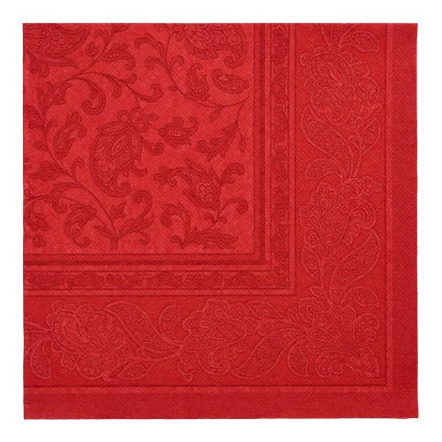 Las PAPSTAR GmbH 50 servilletas "ROYAL Collection" 1/4-pliegue (40 x 40 cm) en burdeos muestran un discreto patrón de paisley y flores con un borde decorativo.