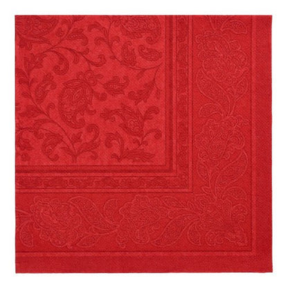 Las PAPSTAR GmbH 50 servilletas "ROYAL Collection" 1/4-pliegue (40 x 40 cm) en burdeos muestran un discreto patrón de paisley y flores con un borde decorativo.
