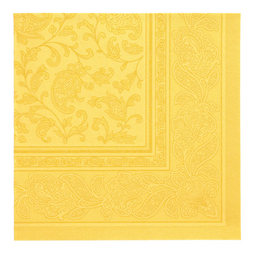 En gul PAPSTAR GmbH 50 servietter "ROYAL Collection" serviett (1/4-folding, 40 x 40 cm) med paisley- og blomsterpreging er avbildet ovenfra brettet.