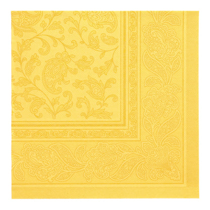 En gul PAPSTAR GmbH 50 servietter "ROYAL Collection" serviett (1/4-folding, 40 x 40 cm) med paisley- og blomsterpreging er avbildet ovenfra brettet.