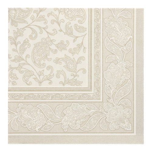 Die quadratische Serviette PAPSTAR 50 Servietten "ROYAL Collection" (40 x 40 cm, champagner) der PAPSTAR GmbH zeichnet sich durch eine elegante Paisley- und Blumenbordüre mit heller Mitte und detailliertem Design aus.