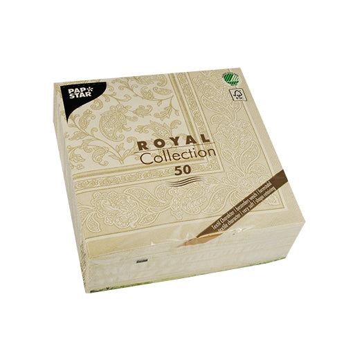 Depicted is a 50-pack PAPSTAR "ROYAL Collection" napkins (1/4-fold, 40 x 40 cm, champagne) from PAPSTAR GmbH on a white background.