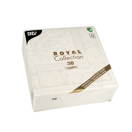 Un paquete cuadrado blanco con la inscripción "PAPSTAR 50 servilletas ROYAL Collection" está adornado con un sutil patrón de flores y contiene 50 servilletas blancas (1/4-pliegue, 40x40 cm). En la esquina superior izquierda se ve una pequeña etiqueta negra de PAPSTAR GmbH en letras blancas.