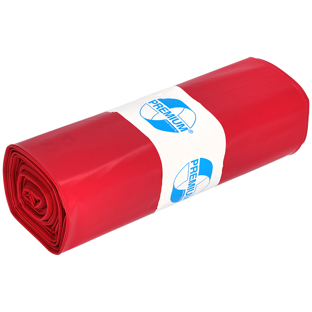 A rolled bundle of red EMIL DEISS KG 11702 garbage bags (Type 100, 575x1000 mm, 25 pieces) with a white "Premium" label in blue lettering; ideal for workshop construction site. The product is depicted on a plain, light background.