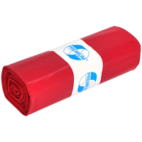 A rolled bundle of red EMIL DEISS KG 11702 trash bags (Type 100, 575x1000 mm, 25 pieces) with a white "Premium" label in blue lettering; ideal for workshops and construction sites. The product is shown against a solid, light-colored background.
