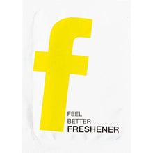 Ein fettes, gelbes "f" in Kleinbuchstaben steht mittig auf Weiß, darunter in Schwarz "FEEL BETTER FRESHENER" - perfekt für die Erfrischungstücher der Duni GmbH, 71x51 mm, neutrale Feuchttücher für unterwegs, Packung (1000 Stück).