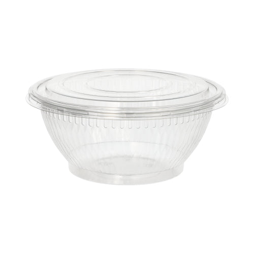 The Starpak 50 salad bowls are a round, transparent salad bowl made of eco-friendly R-PET with subtle vertical grooves and a matching lid. The empty Starpak bowl is depicted against a plain white background.