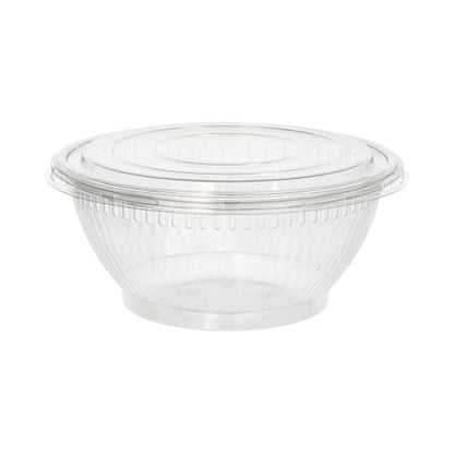 The Starpak 50 salad bowls are a round, transparent salad bowl made of eco-friendly R-PET with subtle vertical grooves and a matching lid. The empty Starpak bowl is depicted against a plain white background.