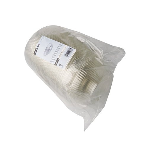 In a transparent plastic bag, there is a stack of 50 Starpak salad bowls, round, crystal clear plates made of R-PET with a white label on the top plate for an eco-friendly touch.