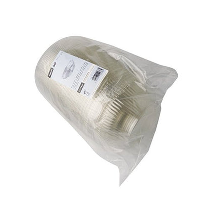 In a transparent plastic bag, there is a stack of 50 Starpak salad bowls, round, crystal clear plates made of R-PET with a white label on the top plate for an eco-friendly touch.