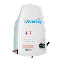 The J1000 dispensing station from Diversey Deutschland GmbH & Co. OHG is a white, wall-mounted mixing and spraying device for a product featuring a blue logo, a temperature display, a black dial, and multilingual labels.