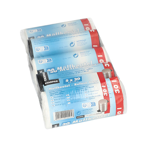 Starpak 100 Müllbeutel, HDPE, 30 l (60x50 cm), farbig sortiert. Im Karton sind 5 Rollen à 20 Beutel, verpackt mit blau-rotem Etikett mit weißen Beschriftungen und Abfalleimer-Bildern.