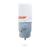 A white-and-gray wall-mounted dispenser from Diversey Deutschland GmbH & Co. OHG for highly concentrated solutions, labeled "Diverflow with Sure Link System," featuring a central round gray knob, a bottom outlet, and a high-flow water connection (1 unit).