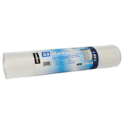 A roll of 25 Starpak garbage bags (LDPE, 120 l, 110 cm x 70 cm) is packaged in clear plastic. The blue-white Starpak label displays product info and "garbage bags 120 l" for easy identification.