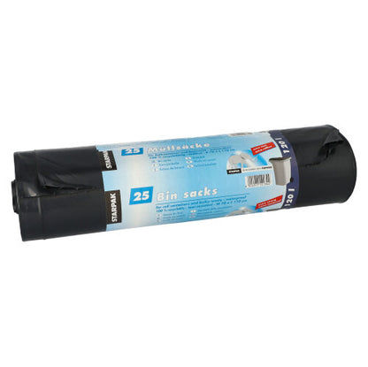 A roll of 25 Starpak garbage bags (LDPE, 120 l, 110 cm x 70 cm), each with a blue-white label containing product information and images of trash cans - ideal for daily waste disposal.