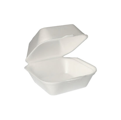 Una caja para hamburguesas Starpak XPS blanca (7,5 x 12 x 12 cm) con tapa abatible, abierta frente a un fondo sencillo. El paquete contiene 100 cajas selladas al vacío.