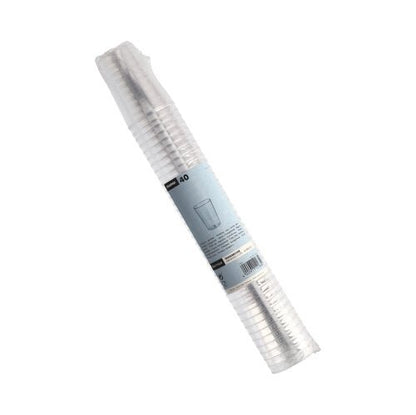 A transparent stack with 40 Starpak drinking cups (PS, 0.1 L, Ø5.5 x 7.5 cm), crystal-clear and wrapped in shrink wrap with a blue label – ideal for parties and events.