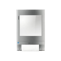 El accesorio de espejo CWS, diseñado para el modelo 4502000, es un dispensador de toallas de papel de acero inoxidable con un panel frontal reflectante y el rollo de papel visible en la parte inferior, tal y como se muestra en la imagen sobre fondo blanco.