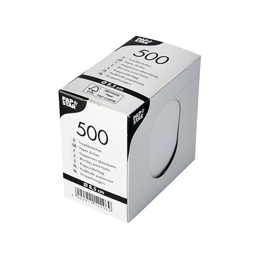 A white, rectangular PAPSTAR box with 500 round drip mats (Ø 8.5 cm) for beverage napkins is equipped with product information, a barcode, and a round cutout (~5 cm) that reveals a view of the white napkins.