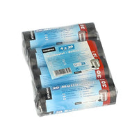 Four rolls of Starpak 80 trash bags, 30-liter gray LDPE trash bags (60 cm x 50 cm, 80 pieces) in transparent packaging with blue and red multilingual labels and a picture of a trash can on the front.