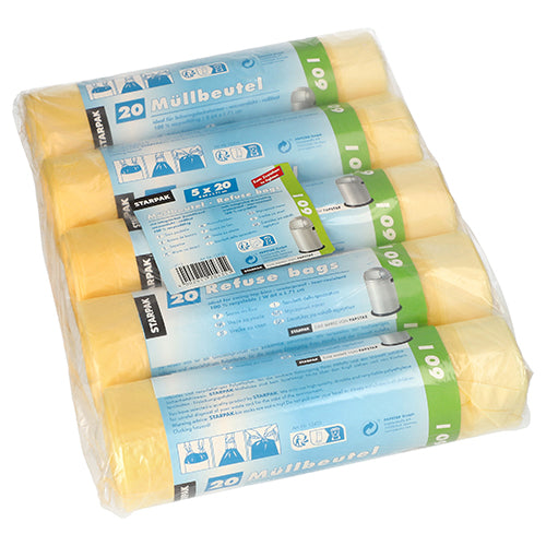 Un paquete Starpak envuelto en plástico contiene 100 bolsas de basura amarillas con cinta de cierre (HDPE, 60 l, 71 x 64 cm), divididas en cinco rollos de 20 bolsas cada uno. Las etiquetas contienen instrucciones y detalles del producto en varios idiomas para un manejo y estabilidad sencillos.