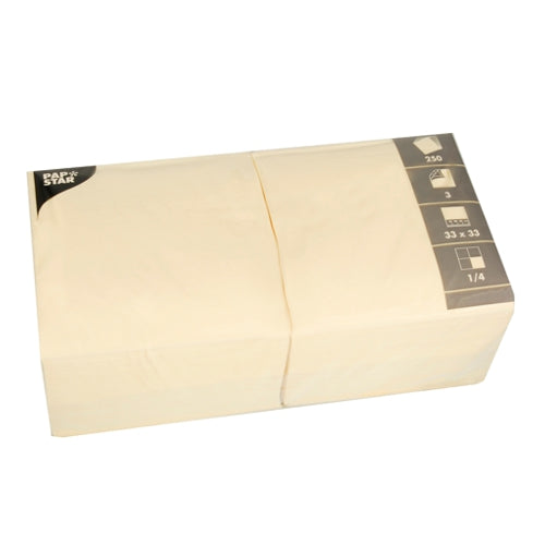 A beige package PAPSTAR 250 napkins, 3-ply 1/4-fold from PAPSTAR GmbH is labeled with a brand label, 33 x 33 cm in size and contains 250 eco-friendly napkins.