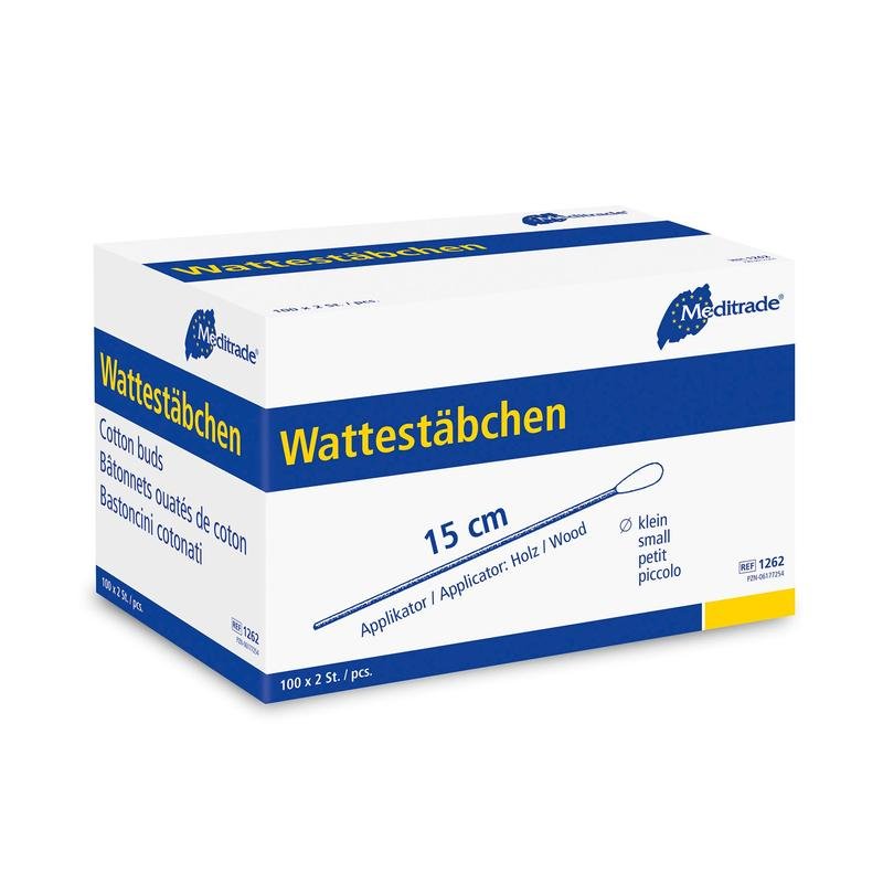 Cotton swabs packed sterile in packs of 2, length: 15 cm, small head, wood | Pack (200 pieces)