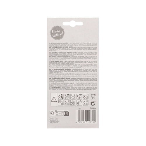 Die Rückseite der PAPSTAR Geburtstagskerzen 6 cm Blister (24 Stück) von PAPSTAR GmbH zeigt aufgedruckte Hinweise, Warnungen, Sicherheitssymbole in schwarz, einen Barcode unten rechts und ein "Party feeling!!"-Logo oben links. Enthält farbige Kerzen mit Halter.