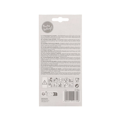 Die Rückseite der PAPSTAR Geburtstagskerzen 6 cm Blister (24 Stück) von PAPSTAR GmbH zeigt aufgedruckte Hinweise, Warnungen, Sicherheitssymbole in schwarz, einen Barcode unten rechts und ein "Party feeling!!"-Logo oben links. Enthält farbige Kerzen mit Halter.