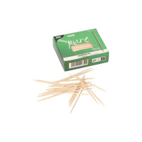 A green box labeled "pure" from the PAPSTAR The package contains 300 round wooden toothpicks (6.5 cm), several of which are scattered across a white background.