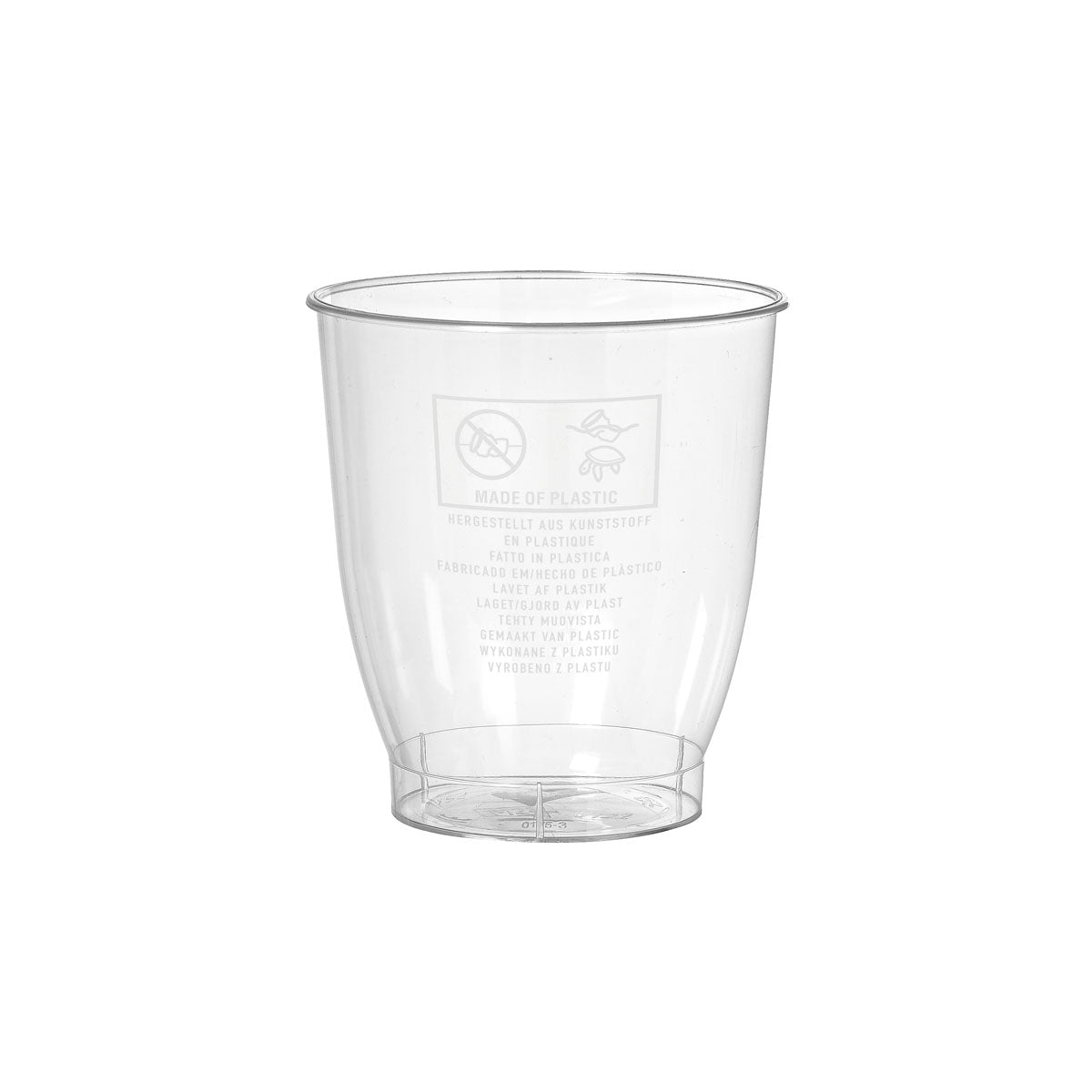 Ein transparentes 300 ml Trinkglas Crystallo der Duni GmbH aus bruchsicherem PS ist leer vor einem weißen Hintergrund abgebildet. Auf der Seite sind Recycling- und Kunststoffsymbole aufgedruckt. Verkauft in Packungen zu 30 Stück.