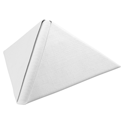 A white Dunilin® napkin from Duni GmbH, folded into a triangular pyramid shape and presented on a plain white background, offers the elegance of fabric-like disposable napkins, ideal for sustainable table decoration. Each pack contains 45 pieces and measures 40 x 40 cm.