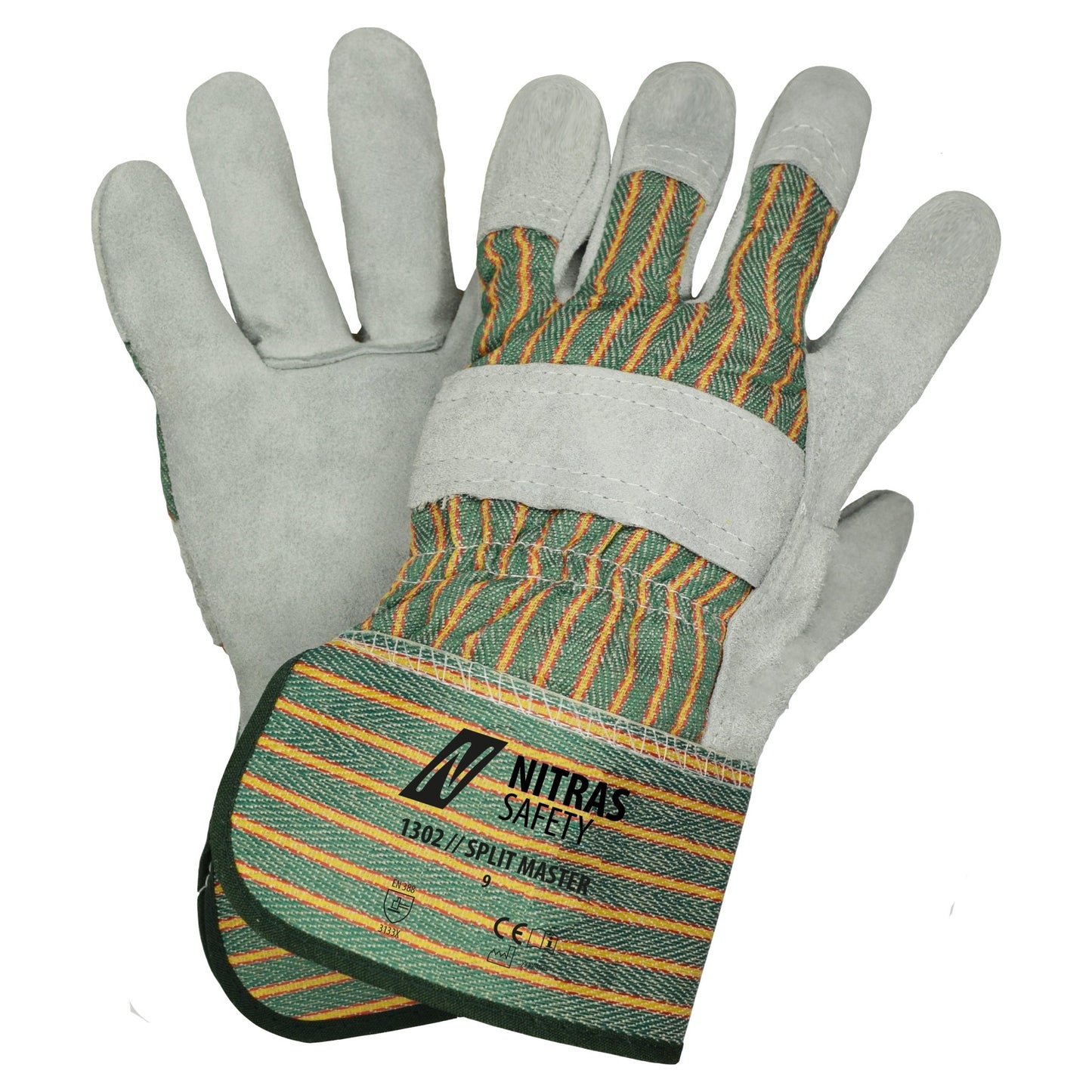 NITRAS SPLIT MASTER, guantes de piel serraje vacuno, verde/rojo/rayas amarillas/gris