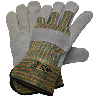 NITRAS SPLIT MASTER PRO, guantes de piel serraje vacuno, verde/rojo/rayas amarillas/gris, algodón EN 388 | Paquete (12 pares)