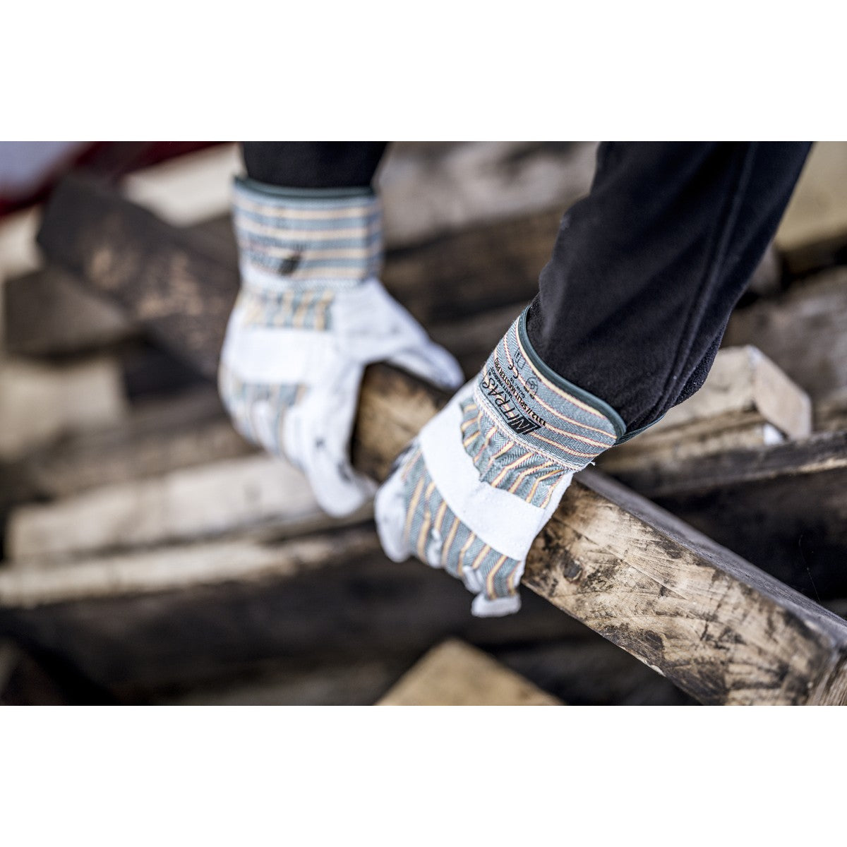 NITRAS SPLIT MASTER PRO, guantes de piel serraje vacuno, verde/rojo/rayas amarillas/gris, algodón EN 388 | Paquete (12 pares)