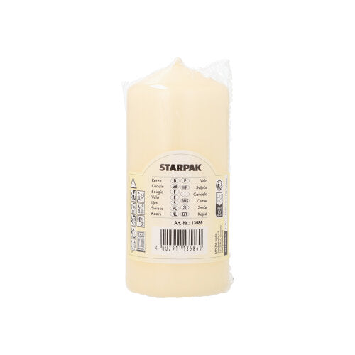 Eine cremefarbene Starpak Stumpenkerze (Ø 60 mm, 130 mm) mit extra langer Brenndauer ist in Plastik eingewickelt und zeigt auf dem Etikett den Markennamen, Produktdetails und Barcode auf einem schlichten weißen Hintergrund.