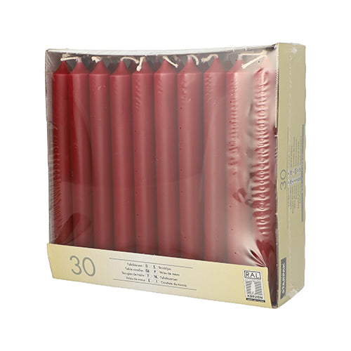 Die 30 Starpak Tafelkerzen (Ø 2,1 cm, 19,6 cm) werden aufrecht in einer durchsichtigen Kunststoffbox mit beigen Seiten- und Bodenetiketten mit Kerzeninformationen und einem Zertifizierungslogo geliefert – ideal von Starpak für elegante Tischdekoration.