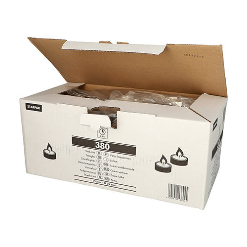 A white display box with the Starpak brand shows several tealights when the lid is open. The label reads "Starpak 380 tealights Ø 39 mm · 15 mm white" and indicates that the box contains 380 tealights.