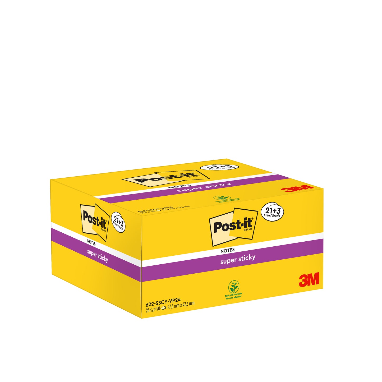 Eine gelbe Schachtel Post-it® Super Sticky Notes (3M Deutschland GmbH), 21 Blöcke plus 3 Gratisblöcke, je 90 Blatt, 47,6 mm x 47,6 mm, PEFC-zertifiziert (100 %), mit Logo und Produktangaben mit lila Akzenten auf Vorder- und Rückseite.