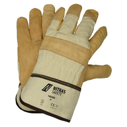 Guantes NITRAS de piel de vacuno, color natural / marrón, algodón EN 388 | Paquete (12 pares)
