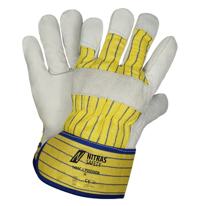NITRAS POSEIDON, guantes de piel de vacuno, rayas amarillas/azules/gris, algodón EN 388 | Paquete (12 pares)