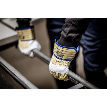 NITRAS POSEIDON, guantes de piel de vacuno, rayas amarillas/azules/gris, algodón EN 388 | Paquete (12 pares)