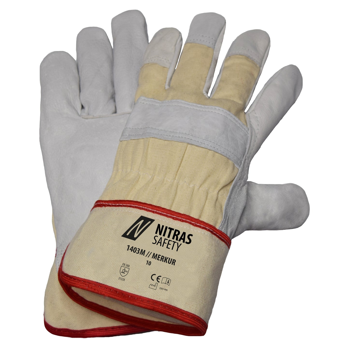 NITRAS MERKUR, guantes de piel de vacuno, color natural / gris, algodón EN 388 | Paquete (12 pares)