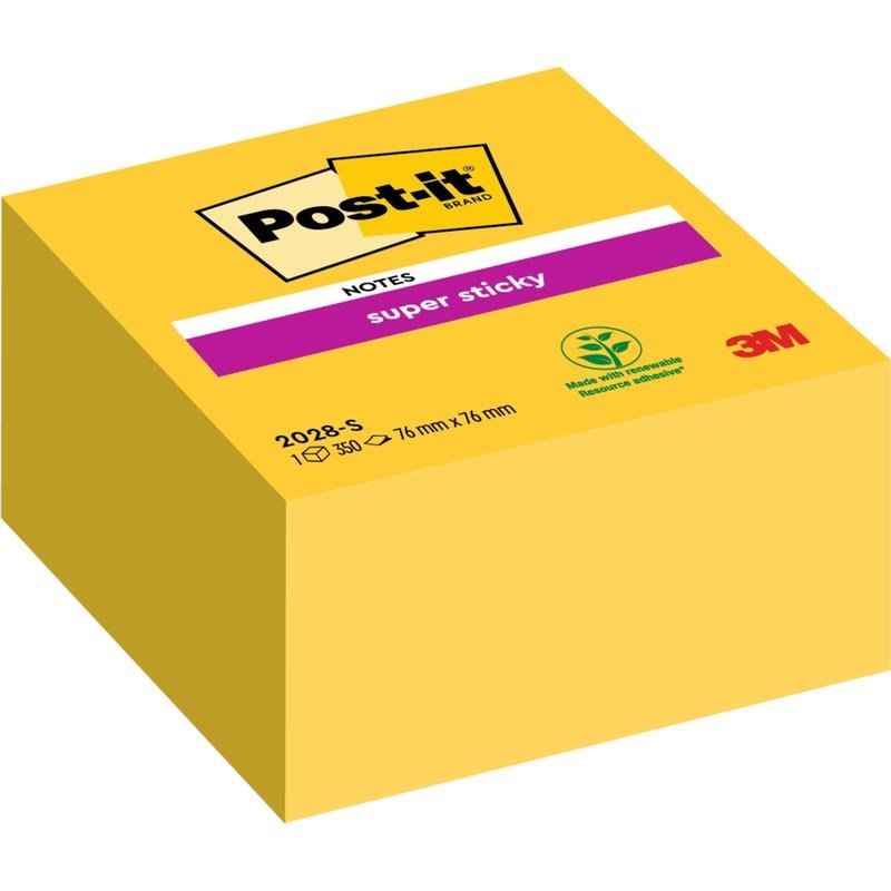The Post-it® Super Sticky Notes Cube in Yellow from 3M Deutschland GmbH have 350 sheets (76 mm x 76 mm) and an environmentally friendly packaging.