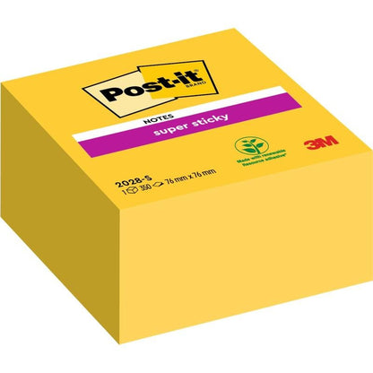The Post-it® Super Sticky Notes Cube in Yellow from 3M Deutschland GmbH have 350 sheets (76 mm x 76 mm) and an environmentally friendly packaging.