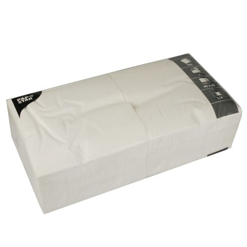 A sealed package PAPSTAR 250 napkins, 3-ply 1/4-fold from PAPSTAR GmbH is labeled with a black sticker at the top left and product information at the top right. The eco-friendly napkins are stacked and wrapped in clear plastic.