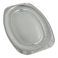 The Starpak 3 serving plates—oval, disposable aluminum trays with raised rims from Starpak—are perfect for an elegant presentation and are shown against a white background.